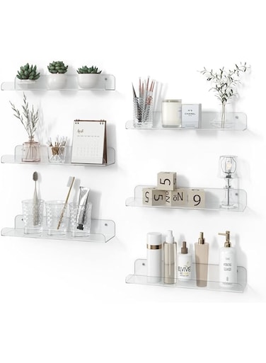 MEISHIDA Acrylic Floating Shelves, Set of 6, 15&rdquo; Funko Pop Shelves Wall Mounted, Acrylic Shelves for Bathroom, Living Room, Kitchen