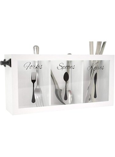 Blu Monaco Cutlery Caddy - Made of White Wood - Three Compartments for Forks, Spoons, Knives - Black Handles - kitchen utensil organizer - silverware caddy - flatware caddy