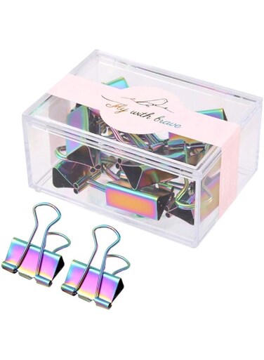 Colorful Decorative Binder Clips with Dispenser,Holographic Paper Document Metal Clamp Artwork, Snack Bag Sealing Clips, 10Pcs in Reusable Organizer for Office School, 25mm Medium Size (Rainbow)