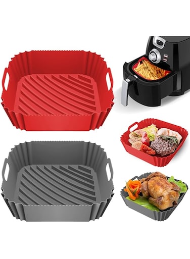 MIXDE Air Fryer Silicone Liners, 8.5"Air Fryer Silicone Liners, Reusable Heat Resistant Silicone Air Fryer Liners, for 4 to 8 QT Air Fryer Inserts for Oven Microwave Accessories ((Red+Grey))
