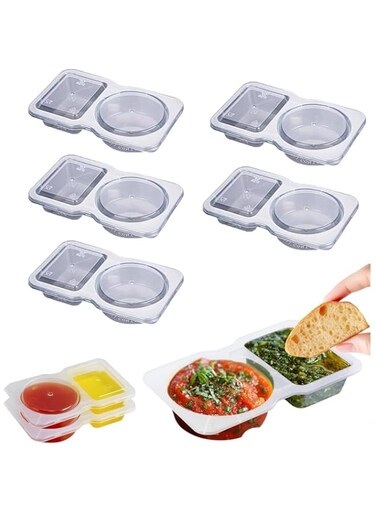 COOLive 12PCS Double Compartment Condiment Containers with Lids, Portable Reusable Sauce Container,2 Compartment Snack Containers for Condiments or Dips, Disposable 2 Snack Containers