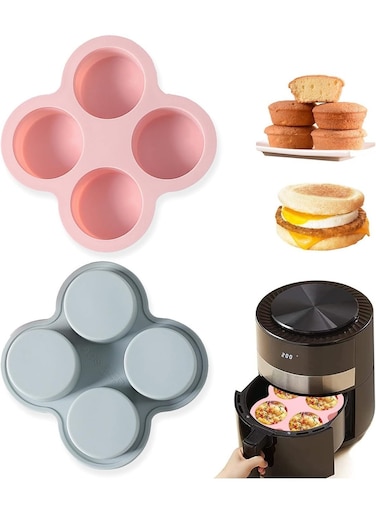 2 Pcs Reusable Silicone Air Fryer Cakes Molds, Non-Stick Baking Pan, Muffin &amp; Hamburger Bun, Air Fryer Accessories, Silicone Cupcake Pan (Gray/Pink, 5.4 Inch)
