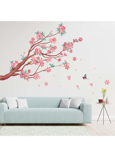 Amimagen Pink Cherry Blossom Wall Stickers - Flower Tree Branch Birds Wall Decals - Bedroom Living Room Sofa TV Background Home Wall Decor