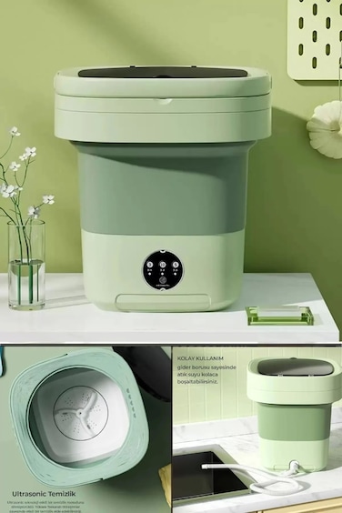 Folding Mini Washing Machine Portable Retro Silicone Socks Underwear Washer 10 Lt - Green