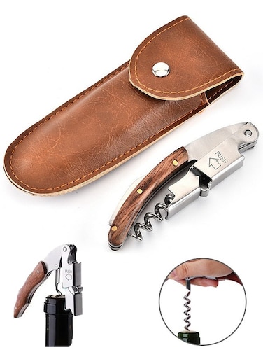 Opener with Leather Pouch, Wood Handle Double-Hinged Stainless, Steel Screw Beer Bottle Corkscrew