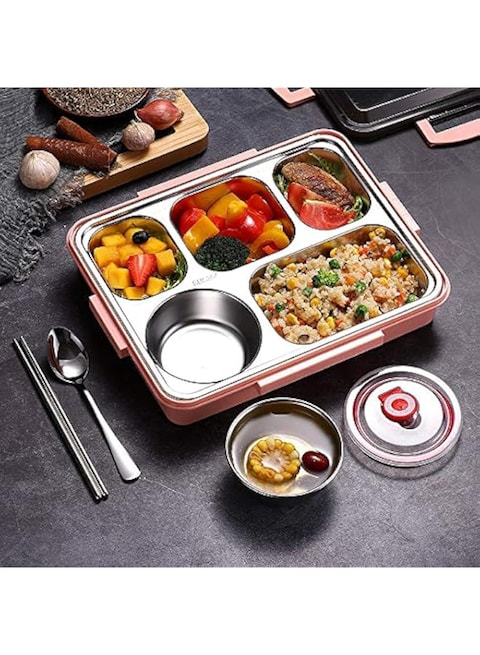 HAENJA Stainless Steel Bento Box with Soup Jar, Large 5 Grids Insulated Lunch Box, Leakproof Food Container with Chopsticks &amp; Spoons, Bento Lunch Box for Work, Picnic, School, Microwave Safe (Pink)
