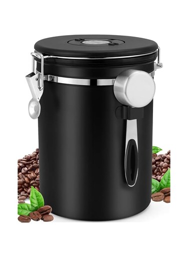 Khazna Coffee Canister, Airtight Stainless Steel Kitchen Food Storage Container with Date Tracker and Scoop for Grounds Coffee, Coffee Bean Sealed Jar, 304 Stainless Steel Sealed Jar with Spoon 1.8L
