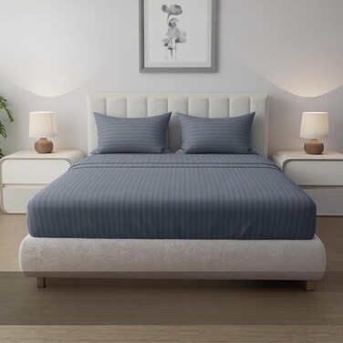 MUSA Striped 3 Piece Fitted Sheet Set Queen Size - Hotel Quality Fitted Sheet &amp; 2 Matching Pillowcases - Breathable &amp; Fade Resistant (Grey, 160 x 200cm)