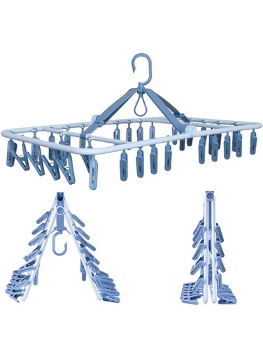 NALACAL Foldable Clip Hangers Drip Hanger Plastic with 32 Drying Clips Wind-Proof Hook Underwear Hanger with Clips Plastic Laundry Clip Drying Rack Hanger for Socks Bras Lingerie Clothes Blue