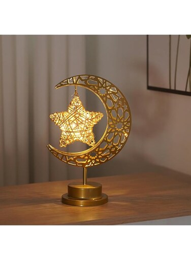 T Tersely Moon Star Lamp, Diwali Eid Decorations Bedroom Lamps, Ramadan Festive Decorative Lights Atmosphere Modeling Lights, Battery Powered Gold Table LED Moon Star Lamp