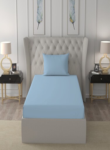 Home Single Sheet 120 Thread Count Luxirious Mercerised 100% Cotton Bedding Solid Pre Shrunk Percale Finish Bed Linen 2 Bedsheet and 2 Pillow Case - Sky Blue (152 * 229 CM)