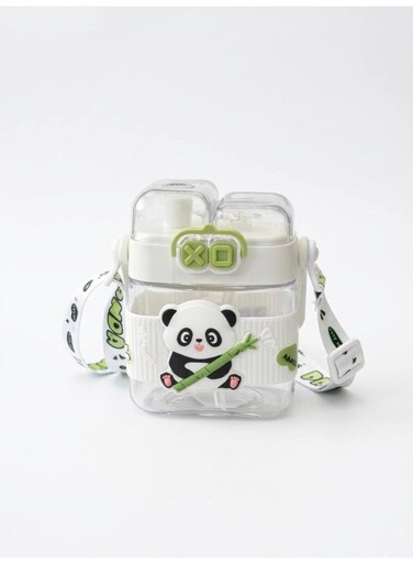 Panda Square Water Bottle with Straw &amp; Shoulder Strap - 500ml, Portable Sipper for Kids &amp; School