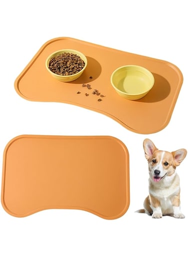 Cahot Pet Feeding Mat,100% Waterproof BPA Free Silicone Pet Food and Water Bowl Placemat,Dishwasher, High Raised Edge to Prevent Spills,Nonslip Tray to Stop Messes on Floor（Orange）