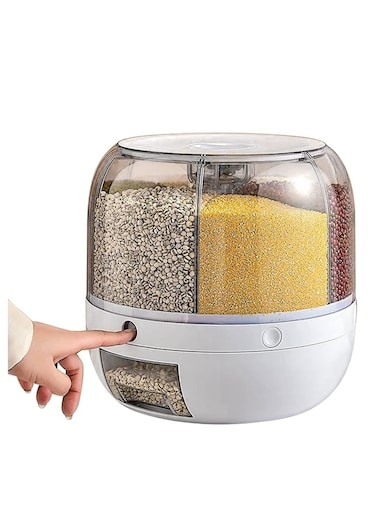 Cereal Box, 8.2 Quart Rotatable Rice Box, 6 Compartment Dry Grain Box with Measuring Cup, Kitchen Small Grains, Beans