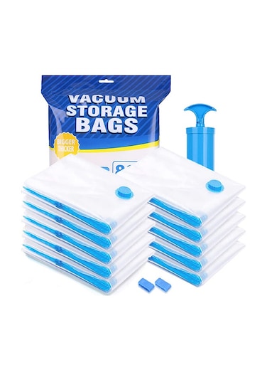 10-Pack Reusable Vacuum Storage Bags With Travel Hand Pump White/Blue 60x80cm