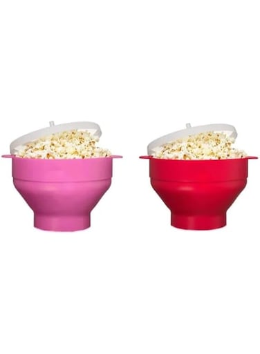FRESHLY POPPED POPCORN Silicone Microwave 2pcs with Handles Maker Bowl color red and pink