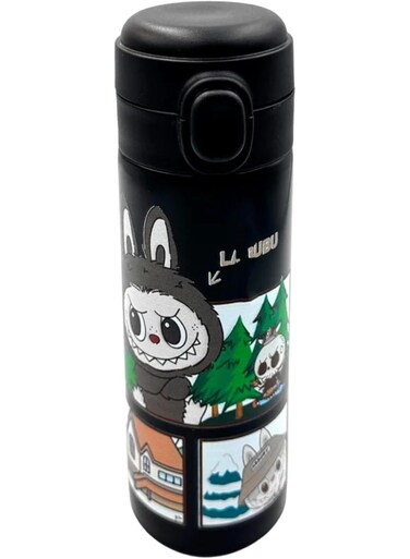 Mini Cartoon 304 Stainless Steel Insulated Cup &acirc;&euro;&ldquo; Portable Pea Vacuum Bottle with Pop-Up Buckle Lid, Travel Souvenir Thermal Flask for Hot &amp; Cold Drinks (Black)