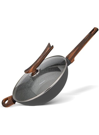Fissman Wok with Glass Lid 28x8.5cm/3.5LTR Capella Series Tipro Non-Stick Coating Minimum of Oil,Low-Calorie Meals,Two-Bolt Bakelite Handles, Compatible With Gas, Electric, Glass-Ceramic And Induction