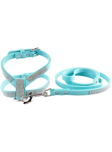 KH Sparkly Rhinestone Bling Dog Harness Leash Set Soft Leather Shining Diamonds Pet Collar Harness Vest for Small Medium Dogs Cats (S, Light blue)