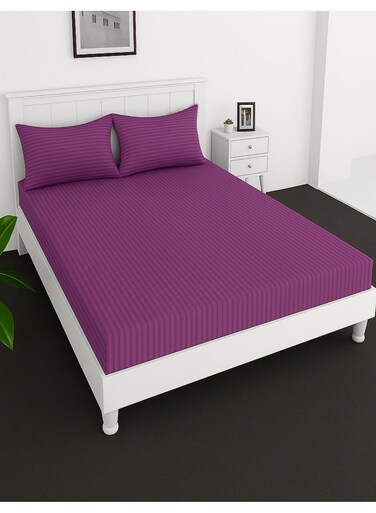 Deep Fitted Elastic Bedsheet Set With Pillow Covers, King/Queen/Double/Single Sizes, Color Purple, Depth 30cm