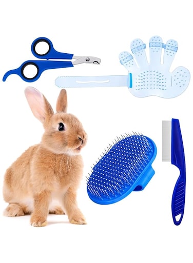 SKEIDO 4 Pieces Rabbit Grooming Kit with Rabbit Grooming Brush Pet Hair Remover Pet Nail Clipper Pet Comb Pet Shampoo Bath Brush with Adjustable Ring Handle for Rabbit