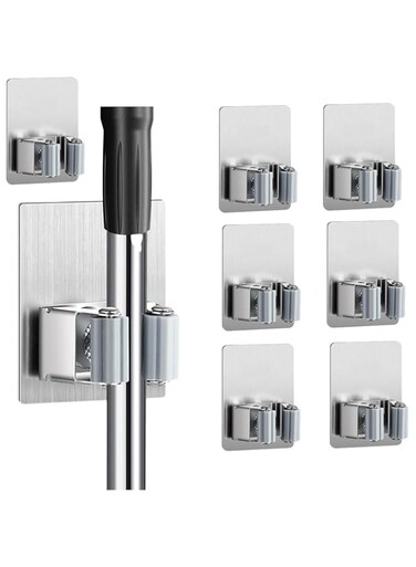 8PCS Broom Holder Wall Mount - Mop Holder Self Adhesive Broom Hanger Stainless Steel for Home Garage Garden Laundry Room Storage (A)