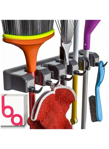 Berry Ave Broom Holder &amp; Wall Mount Garden Tool Organizer - Home Laundry Room, Kitchen, Closet, Shed, Garage Organization and Storage Utility Rack - 5 Slots &amp; 6 Hooks -Rake, Shovel, Mop Hanger (Black)