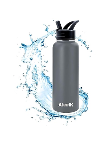 AleeiK Sports Water Bottle -1.2L   Leak Proof, Vacuum Insulated Stainless Steel, Double Walled Water Bottle With Straw   Wide Mouth Hot &amp; Cold Sports Thermos, 40 Oz (Grey)