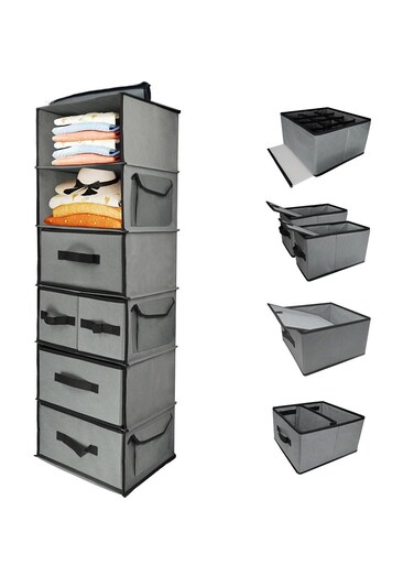 Hanging Closet Organizer with 5 Drawers &amp; 3 Side Pockets,Durable Fabric Hanging Shelf Holder with Sturdy Hook,Foldable Space-Saving Storage Organization for Wardrobe,Bedroom,Dorm,RV