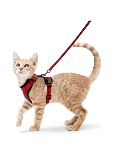 Adjustable Cat Harness Vest Custom Mesh Escape Proof Cat Harness and Leash Set for Walking (S, Red)