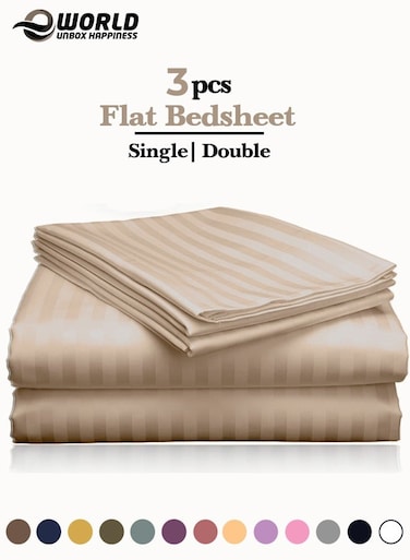 3 Piece Luxury Cream Striped Bed Sheet Set with 1 Flat Sheet and 2 Pillowcases for Hotel and Home Crafted from Ultra Soft and Breathable Microfiber for Year-Round Comfort, (Single/Double)