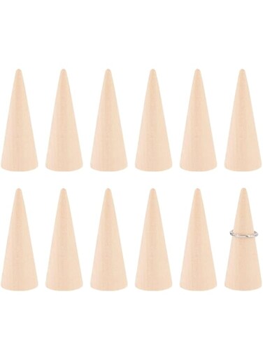 FINGERINSPIRE 12 Pcs Wood Cone Ring Holder Wooden Finger Ring Display Stands 1.18x3 inch Cone Shape Ring Displays Jewelry Ring Storage Rack Ring Organizer for Retail, Counter Top, Trade Show