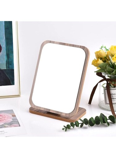 MAKINGTEC Vanity Makeup Mirror with Natural Bamboo Stand, Fold Down Desk Makeup Mirror with Stand Wooden Desktop Mirror Folding Table Desk Countertop Mirror