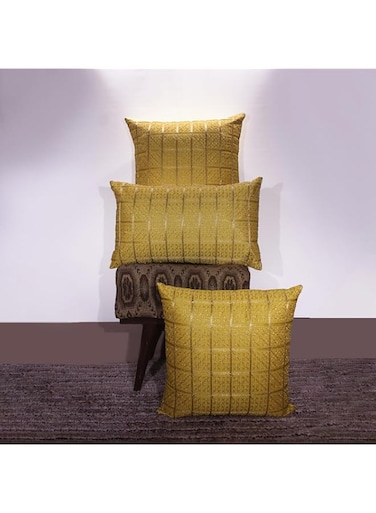 BYFT Orchard Cushion Cover 12 x 20 inch (Golden Checks Design - Yellow) 30 x 50 cm Luxury Decorative Cushion Cover for Sofa, Bed &amp; Living Room- Set of 2 without inserts