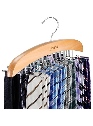 Ohuhu Tie Rack, 24 Hook Holder Tie Hanger Organizer for Closet Wooden Belt Storage Rack for Men Ties Belts Scarves Accessories