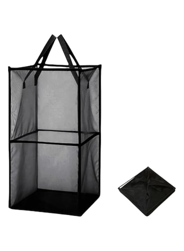 Munyee Hua Mesh Waterproof handheld Collapsible Large laundry hamper Bag, Clothes sorting and storage Foldable and Handle Basket-Good helper for sorting, tidy space (1, Black-Double layers)