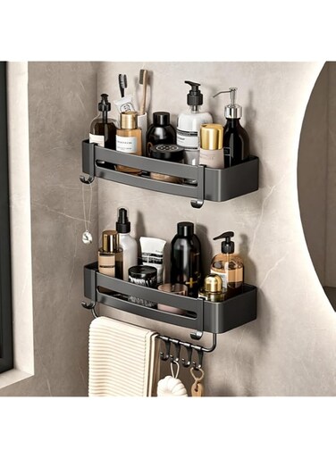 2 Pack Bathroom Shelves with 8 Hooks andTowel Bar, Aluminum Rustproof Bathroom Storage Organizer Shelf Shower Caddy Rack, Bathroom Shower Baskets Wall Storage Shelves for Bathroom Kitchen (Rectangle)