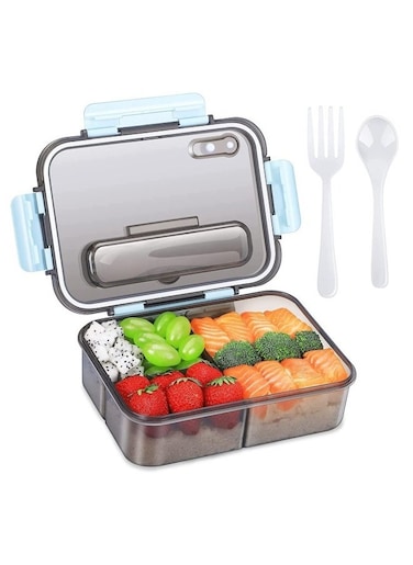 Bento Lunch Box - 3 Compartment Lunch Containers for Adults and Kids,Food Grade Plastic Lunch Box with Spoon &amp; Fork Blue