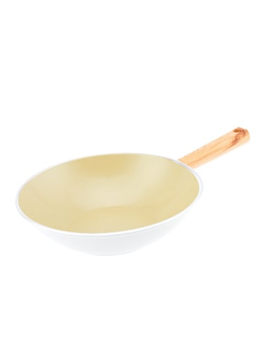 Swiss Crystal High Quality Ceramic Coating Non-Stick Wok Pan - 28cm - Natural Wood Handle - Beige