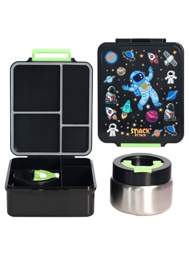 Attack Black Astro Kids Bento Lunch Box with Thermos Jar &acirc;&euro;&ldquo; 4-Compartment Stainless Steel Leakproof Lunchbox with Silicone Seal &acirc;&euro;&ldquo; Cute Mermaid Artwork &acirc;&euro;&ldquo; Keeps Food Hot up to 5 Hrs &acirc;&euro;&ldquo; BPA-Free