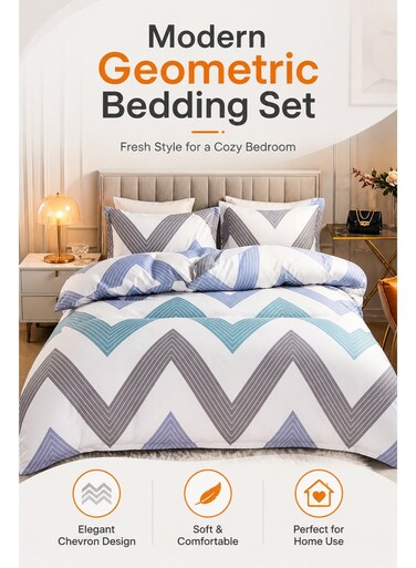 LIFE Modern Geometric Bedding Set With Duvet Cover &amp; Matching Pillowcases, Soft Comfortable Chevron Pattern Bed Set, Blue Grey White Bedroom Decor, Cozy Home Bedding for Master Bedroom Guest Room Apartment
