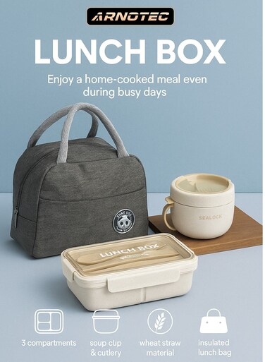 Lunch Box Adults&iuml;&frac14;&OElig;Leak-proof Bento Box for Kids, Lunch Box Containers Durable for On-the-Go with Lunch Bag, Soop Cup, Spoon, Forks, Minimalist Design Food Storage Box (Khaki Set&iuml;&frac14;&permil;