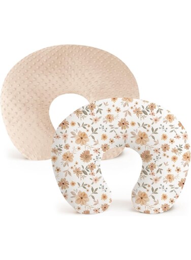 Nursing Pillow Covers, Soft Muslin Cotton Slipcovers for Breastfeeding Pillows, Removable &amp; Breathable, Machine Washable, Ideal for Newborns and Gift Use, 2 Pack, (Khaki, Flourish)
