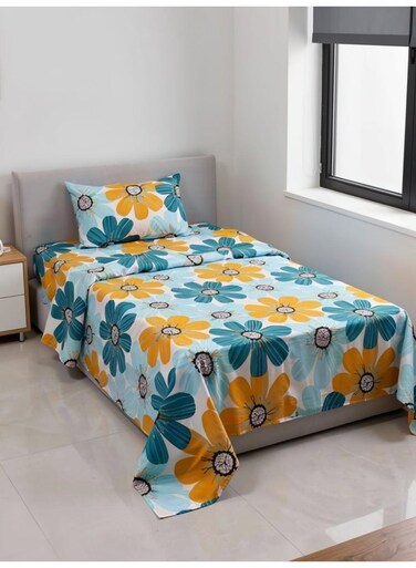 Single size Cotton Blend Flat Bedsheet Set 144 Thread Count Garden Floral Design 130x240 cm