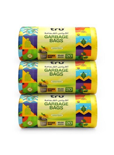 Pack of 3 - Lemon Scented Garbage Bags Compact Roll, 30 Gallon, Medium (Kitchen Bin), 60x90cm - 20 Bags x 3 yellow