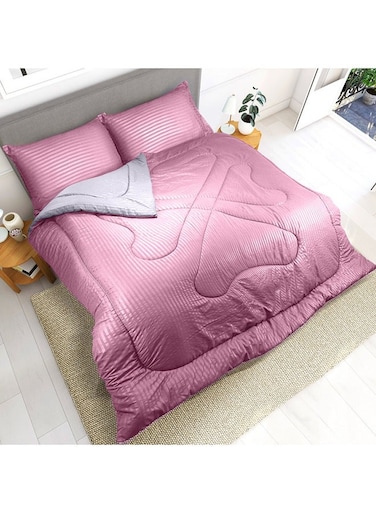 Linen Klub Reversible Down Alternative Comforter Set -Ultra Soft Brushed Stripe Microfiber Fabric, 200GSM Soft Fibersheet Filling, Size :Single 160 x 200cm , Color: Pink &amp; Light Grey