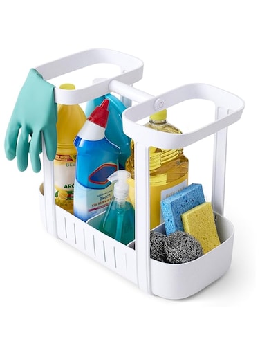 YouCopia SinkSuite Under Sink Cleaning Caddy, Adjustable Cleaning Supplies Organizer for Kitchen and Bathroom Organization and Storage, Made of ABS Plastic, White
