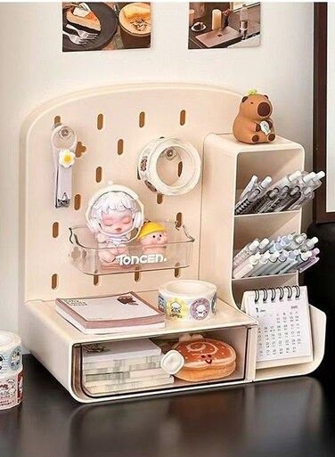 CHIC Desktop Storage Box,Multifunction Miscellaneous Sorting Rack,Perforated Board ,Drawer Style,Pegboard Pen Holder Acrylic Desk Stationery Sundries Organizer(TC-1001-white)