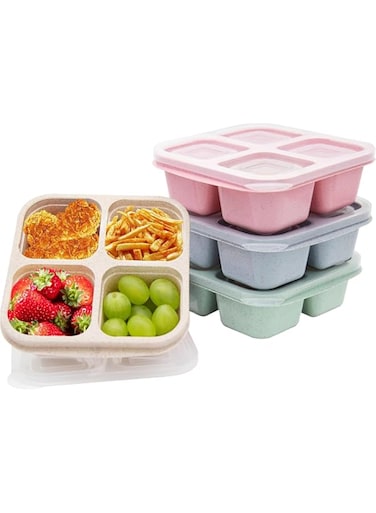 ChicAbode 4 Pack Bento Lunch Box，4 Compartment Snack Containers，Divided Bento Snack Box，Meal Prep Containers Kids/Toddle/Adults,Food Storage Containers for School, Work and Travel