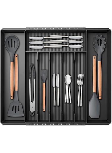 CyanCloud Silverware Drawer Organizer, Expandable Kitchen Drawer Organizer, 8.5"x 13"Cutlery Tray Silverware Organizer, Plastic Tableware Storage for Spatula Spoons Forks Knives, Black